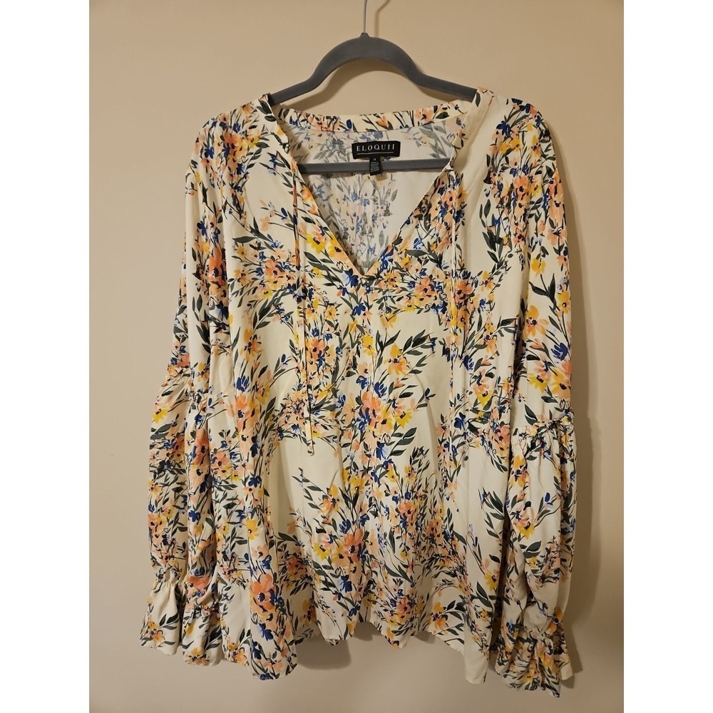 Eloquii Blouse 24 Pink Blue Boho CottageCore Ruffle Puff Sleeve Peasant Top